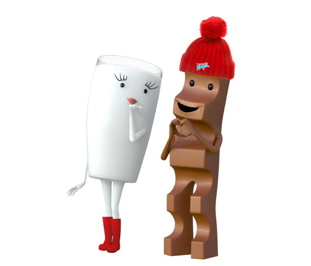 Milky und Schoki stehen nebeneinander, wobei Milky eine Kusshand wirft und Schoki mit beiden Händen ein ein Herz formt 