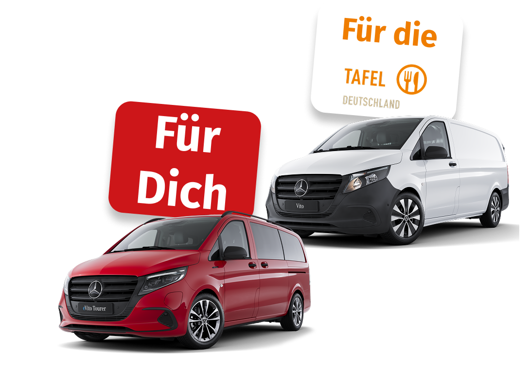 Abbildung eines roten eVito Tourer inkl. eines Störers mit dem Text 'Für Dich' sowie eines weißen eVito Tourer inkl. eines Störers mit dem Text 'Für die Tafel Deutschland'
