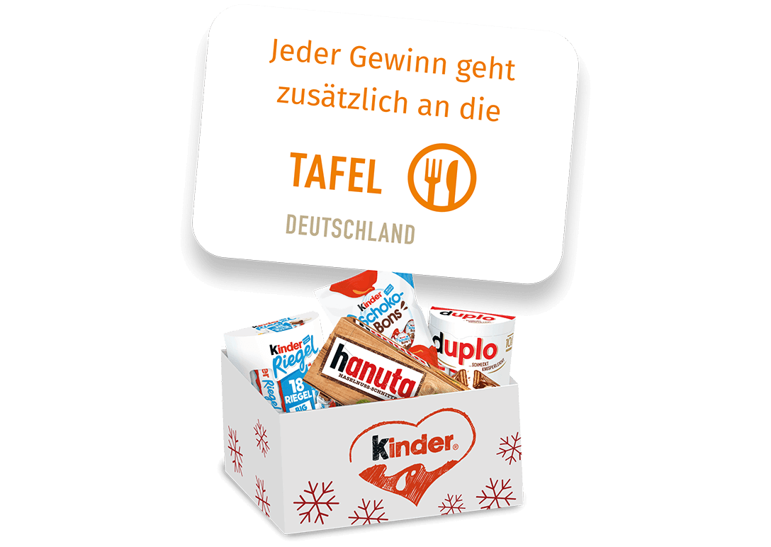 Abbildung einer Kiste mit kinder-Logo, in der eine Packung kinder Riegel, kinder Schoko-Bons, duplo und Hanuta zu sehen sind, inkl. eines Störers auf dem steht 'Jeder Gewinn geht zusätzlich an die Tafel Deutschland'